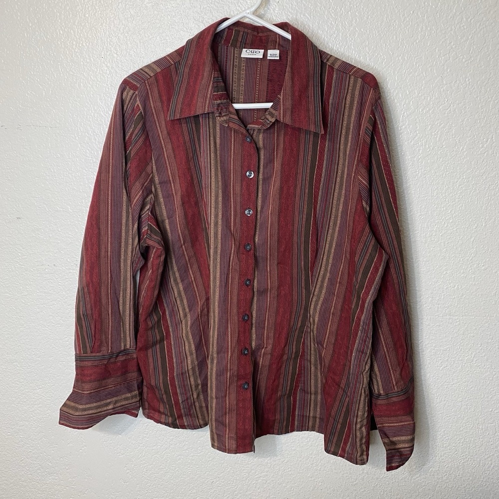 Cato Womens Top Plus Size 18W 20W Collar Button Up Red Brown Striped Long Sleeve